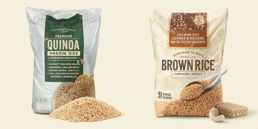 A side-by-side illustration of a bag of quinoa next to a much cheaper bag of brown rice.