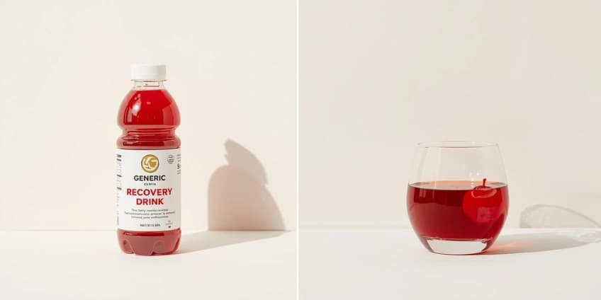 A side-by-side illustration swapping a generic recovery drink for a glass of anti-inflammatory tart cherry juice.
