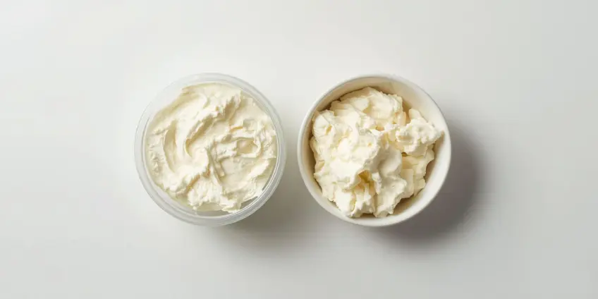 A side-by-side illustration comparing a container of ricotta cheese to a bowl of blended cottage cheese.