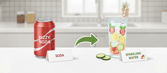 A side-by-side illustration swapping a can of soda for a glass of sparkling water infused with fruit.