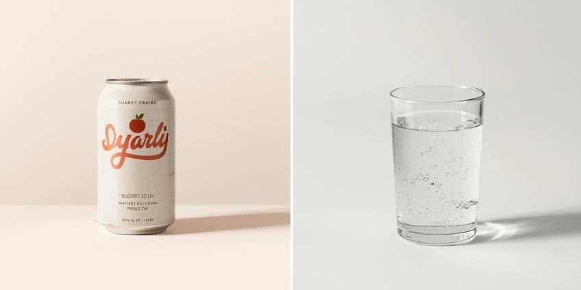 A side-by-side illustration swapping a can of sugary soda for a glass of sparkling water.
