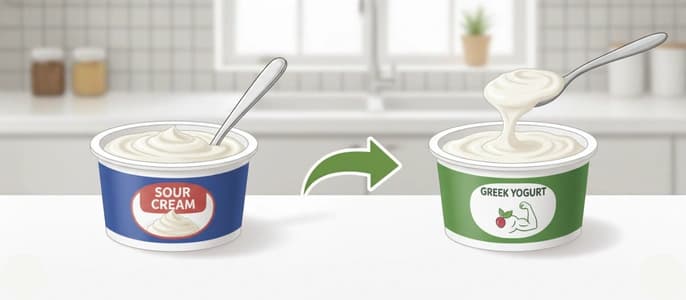 A side-by-side illustration swapping a tub of sour cream for a tub of high-protein Greek yogurt.