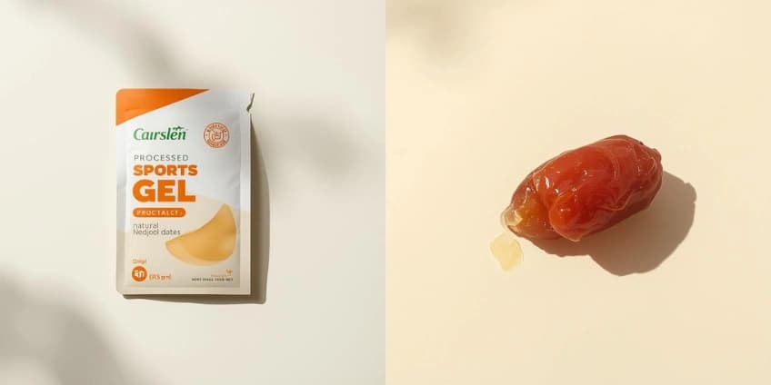 A side-by-side illustration swapping a processed sports gel for natural Medjool dates.