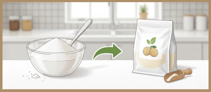 A side-by-side illustration swapping a bowl of white sugar for a bag of monk fruit sweetener.