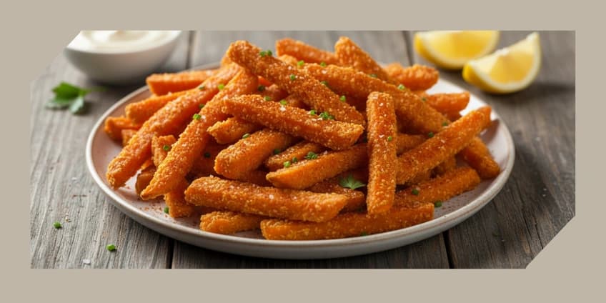 A plate of crispy baked sweet potato fries seasoned with paprika.