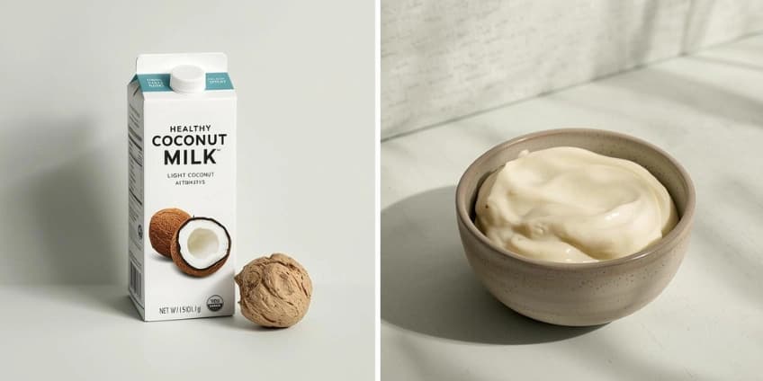 A collage of healthy coconut milk swaps, including light coconut milk and a bowl of cashew cream.