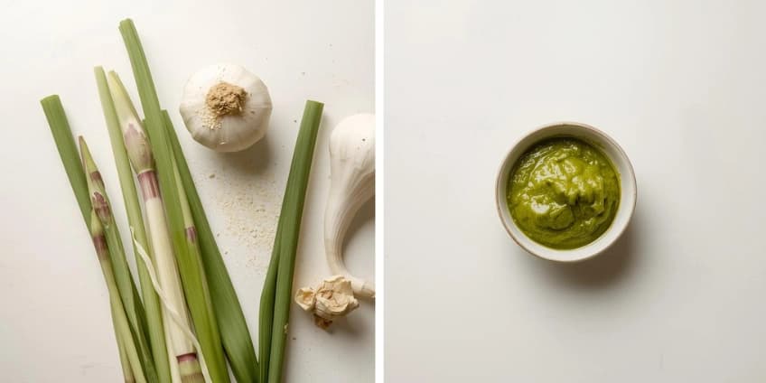 A collage of healthy Thai curry ingredients, including homemade green curry paste, lemongrass, and galangal.