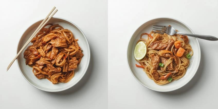 A side-by-side comparison of traditional pad thai and a healthy, low-carb pad thai made with shirataki noodles.