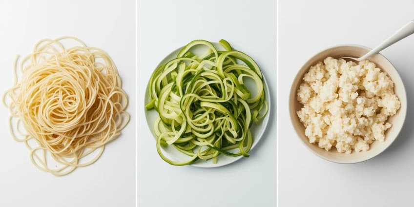 A collage of healthy Thai noodle and rice swaps, including shirataki noodles, zucchini noodles, and cauliflower rice.