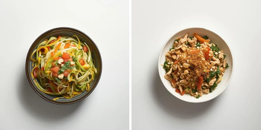 A collage of healthy Thai salads, including som tam (green papaya salad) and larb (minced chicken salad).