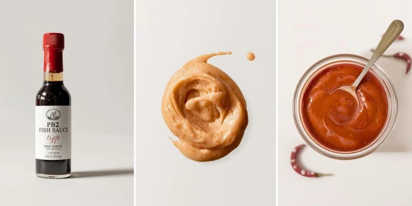 A collage of healthy Thai sauce swaps, including low-sodium fish sauce, PB2 peanut sauce, and homemade sweet chili sauce.