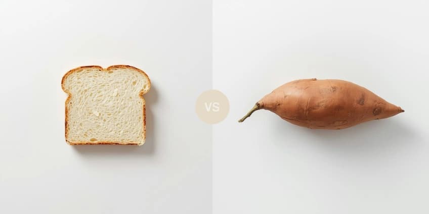 A side-by-side illustration swapping white toast for a nutrient-dense sweet potato for pre-workout fuel.