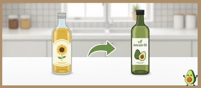 A side-by-side illustration swapping a bottle of vegetable oil for a bottle of healthy avocado oil.