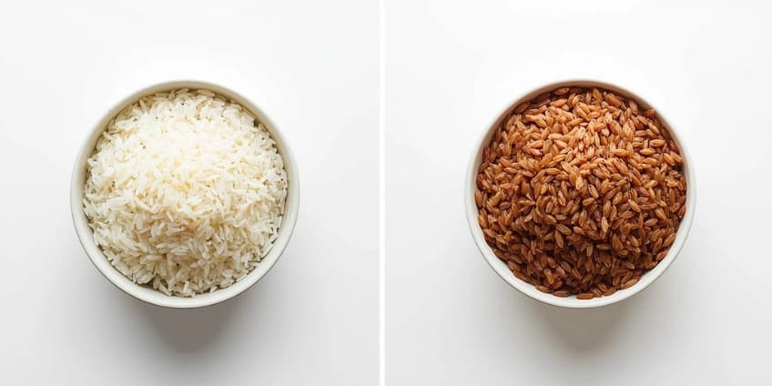 A side-by-side illustration swapping a bowl of white basmati rice for a bowl of fiber-rich brown basmati rice.