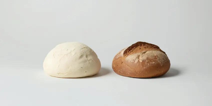 A side-by-side illustration comparing a loaf of white bread to a rustic loaf of whole-grain sourdough.
