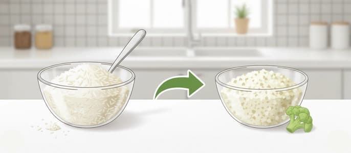 A side-by-side illustration swapping a bowl of white rice for a bowl of low-carb cauliflower rice.