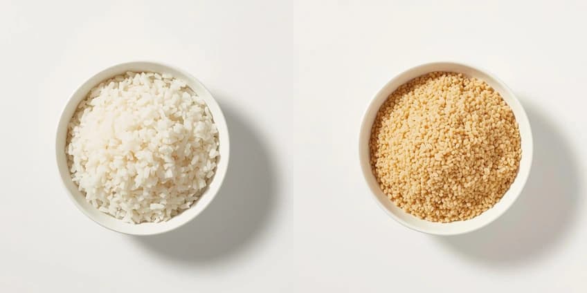 A side-by-side illustration swapping a bowl of white rice for a bowl of complete-protein quinoa.