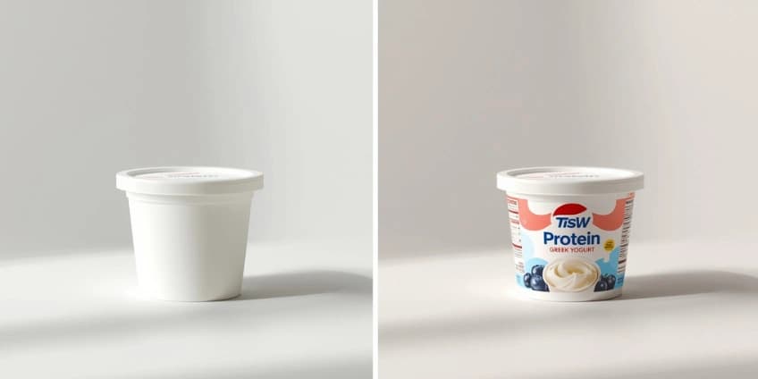 A side-by-side illustration swapping a tub of plain yogurt for a tub of high-protein Greek yogurt.